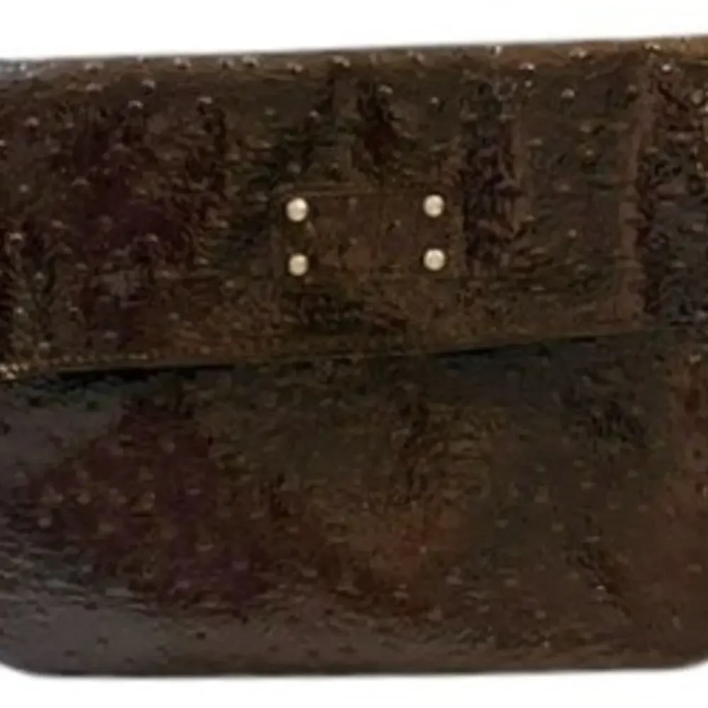 Nordstrom Brown Ostrich Embossed Faux Leather Foldover Clutch Bag Handbag EUC
